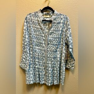 BluTHREADS Cotton Tunic Top Pintuck Blue Geometric Pattern Size Large NEW